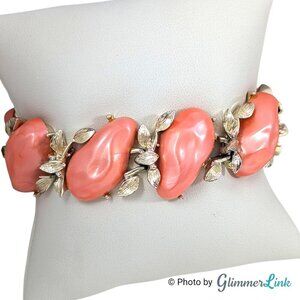 Vintage 1950s BSK Coral Pink Thermoset Link Bracelet - Gold Tone Leaf Design